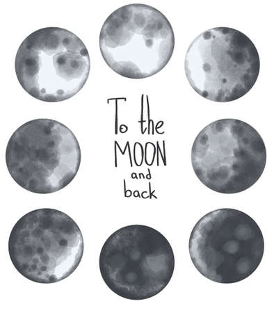 Collection of moon phases painted in watercolor with calligraphic text.の写真素材