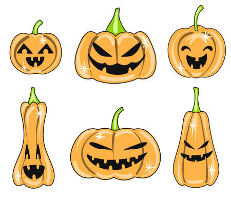 Vector Set of cute halloween pumpkins with scary faces. October stickers in cartoon style.のイラスト素材