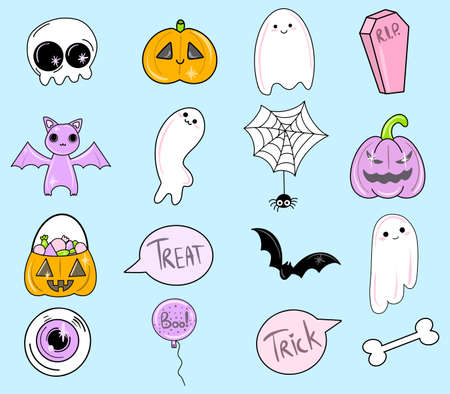 Vector Halloween symbol single element set. Cute stickers in cartoon style. Ghost, skull, pumpkin, spider.のイラスト素材
