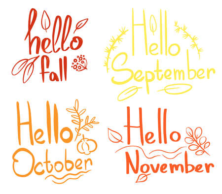 Vector Hello Autumn lettering text. Ink brush pen vector calligraphy. Modern brush phrase labels, logos, hand drawn tags and elements for fall.のイラスト素材