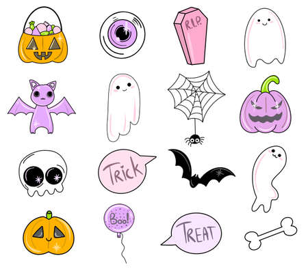 Cute vector set with Halloween illustrations. Smiling and funny cartoon characters: pumpkin, ghost, cat, bat. Stickers, icons, design elementsのイラスト素材