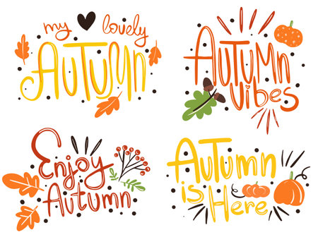 Hello Autumn vector hand drawn lettering design. Fall calligraphy phrase. Printable illustration for posters, mugs, pillows, flyers, postcards.のイラスト素材