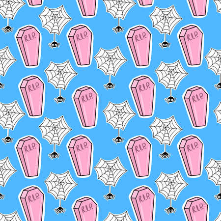 Vector Seamless Halloween pattern with coffins and spiders on a cobweb on a blue background.のイラスト素材