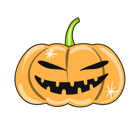 Vector Cute scary halloween pumpkin orange color icon drawn in flat style.のイラスト素材