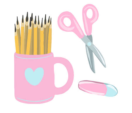 Vector Set back to school. Stationery for study. Pink scissors, eraser, pencils.のイラスト素材