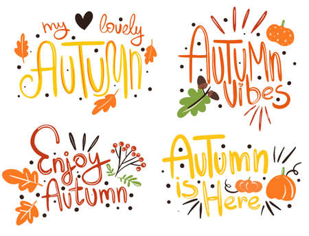 Vector illustration Hello Autumn vector hand drawn lettering design. Fall calligraphy phrase. Printable illustration for posters, flyers, postcards.のイラスト素材