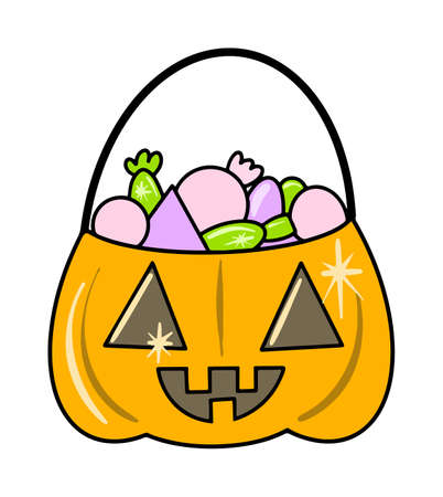 Vector Icon of a cute pumpkin with a smile and candies inside for halloween isolated on a white background.のイラスト素材