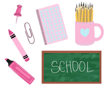 Vector Big collection back to school. Education design set. School board, school supplies, textbook, briefcase.のイラスト素材