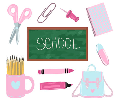 School supplies: backpack, pencils, brushes, paints, ruler, sharpener, stickers, calculator, books, glue. Back to school.のイラスト素材