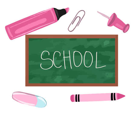 Vector Inscription Back To School on chalkboard with school supplies.のイラスト素材