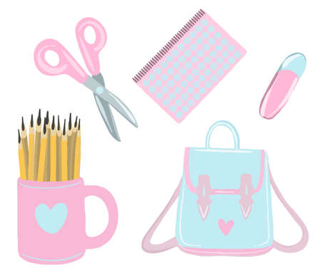 Cute vector set of back to school. Start of studies, stationery items in pink and blue.のイラスト素材