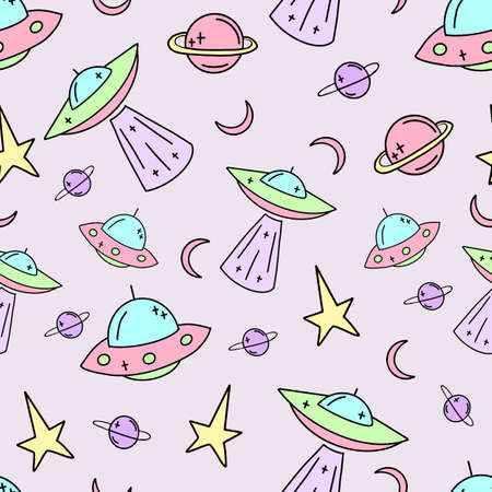 Ufo Seamless childrens pattern vector. Galaxy illustration in cartoon style.のイラスト素材
