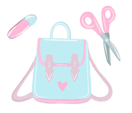 School supplies backpack, pencils, brushes, paints, ruler, sharpener, stickers. Back to school.のイラスト素材