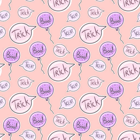 Vector Seamless pattern for Halloween. Pink background with Treats or Trick in balloons.のイラスト素材