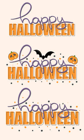 Vector set of Happy Halloween lettering with flying bats and pumpkin. Cute phrase for prints, labels, signs, stickersのイラスト素材