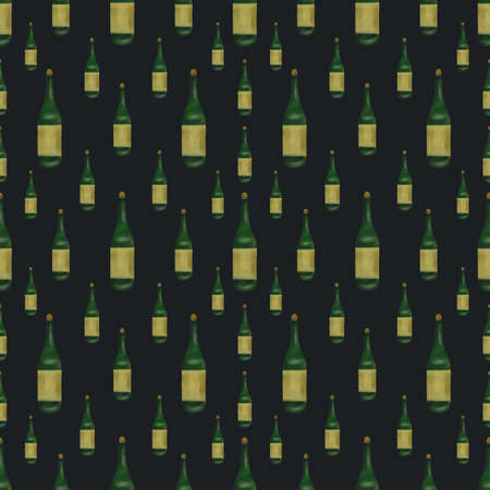 Wine seamless pattern with realistic bottles painted with acrylic in dark colors.の写真素材