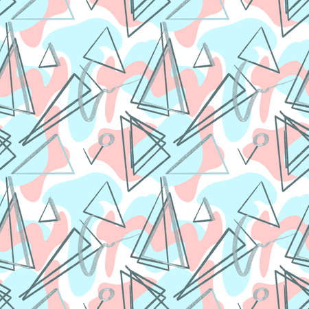 Trendy seamless pattern with silver triangles and blue and pink paint streaks.の写真素材