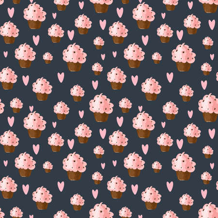 Seamless pattern with cute chocolate cupcakes and pink hand drawn hearts. Background for kitchen and coffee shop.の写真素材