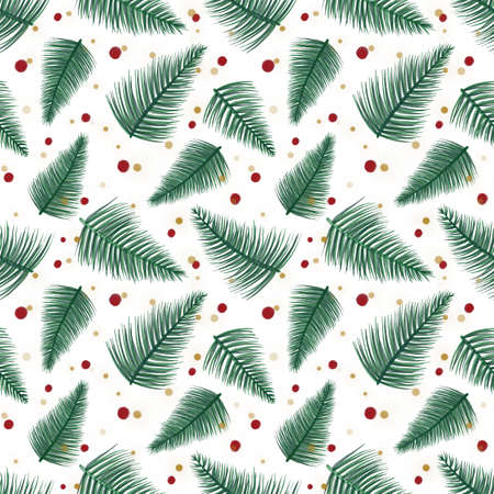 Seamless Watercolor Christmas pattern with berries and tree branches. Xmas new year holiday illustration for fabric textile.の写真素材