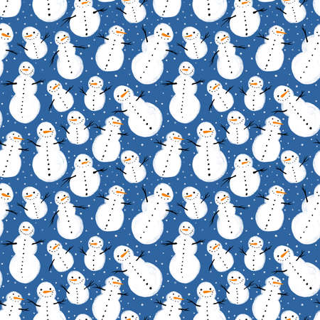 Seamless Christmas pattern with snowmen and snowflakes. Christmas and New Year Winter pattern with snowflakes for print on wrapping paper.の写真素材