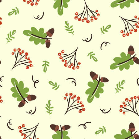 Vector Seamless pattern with acorns, rowanberry and autumn oak leaves. For wallpaper, gift paper, pattern fills, autumn greeting cards.のイラスト素材