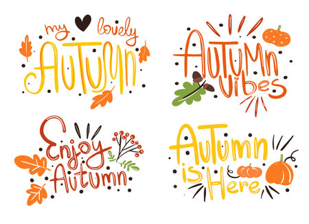 Hello Autumn vector hand drawn lettering design. Fall Welcome banner calligraphy phrase.のイラスト素材