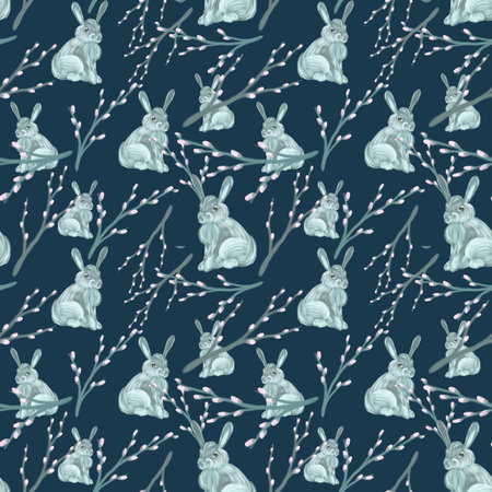Seamless pattern rabbits and willow painted in watercolor in a realistic style on a dark background.の写真素材