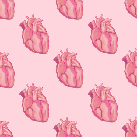 Seamless pattern with pink watercolor anatomical hearts drawn in watercolor.の写真素材