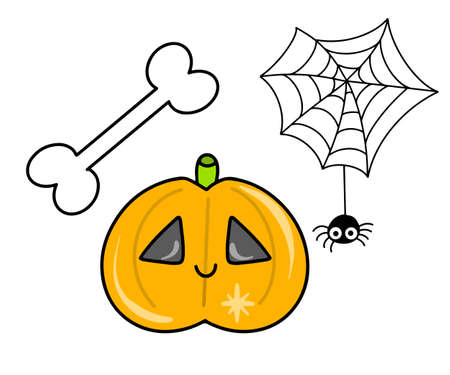 Vector Cute set of halloween icons in flat style. Pumpkin, bone, little spider on the web.のイラスト素材