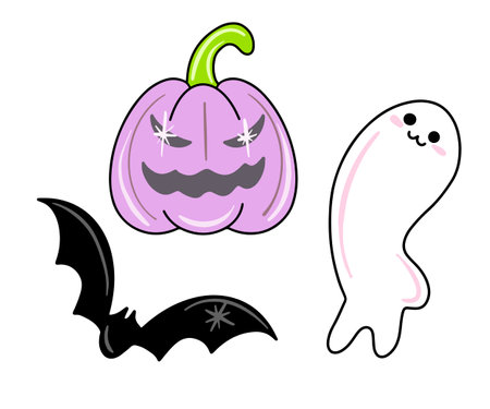 Vector Cute set of halloween icons in flat style. Purple spooky pumpkin, bat, ghost.のイラスト素材