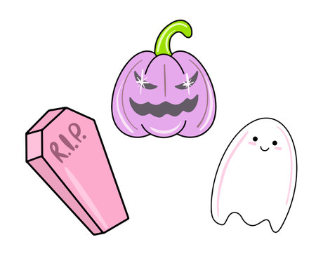 Vector Cute set of halloween icons in flat style. Pink coffin, ghost, spooky purple pumpkin.のイラスト素材