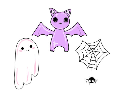 Vector Cute set of halloween icons in flat style. Purple monster, ghost, spider on the web.のイラスト素材