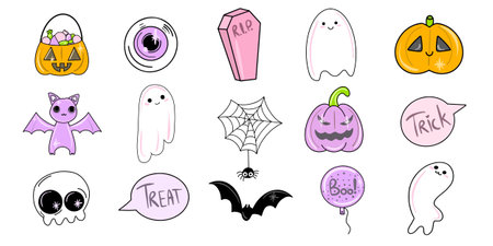 Vector Halloween symbol single element set. Cute stickers in cartoon style. Ghost, skull, pumpkin, spider.のイラスト素材