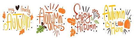 Hello Autumn vector hand drawn lettering design. Fall Welcome banner calligraphy phrase.のイラスト素材