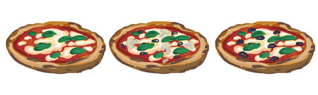 Set of hand drawn vector Vegan Pizzas with tomatoes, mozzarella cheese and Basil leaves. Pizza Margarita.のイラスト素材