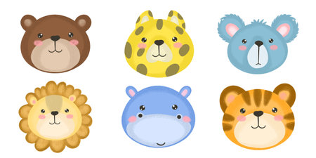 Set of Cartoon cute animals for baby card and invitation. Vector illustration. Lion, bear, tiger, koala.の写真素材
