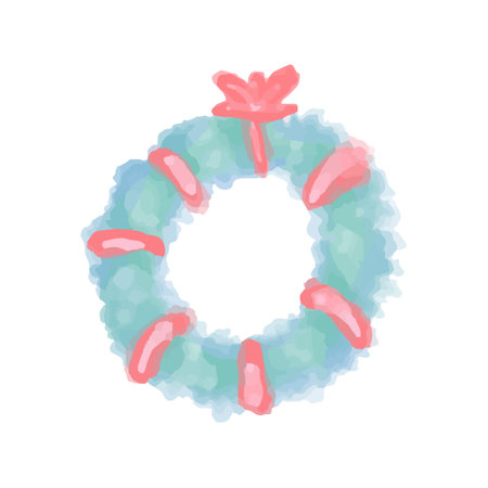 Vector Christmas wreath on transparent background painted in watercolor with red ribbon.のイラスト素材