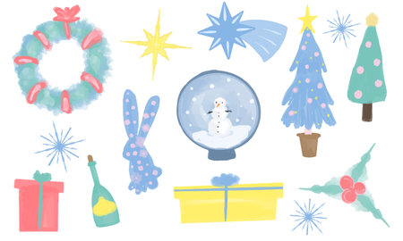 Christmas big set, New Year holiday decoration elements vector Illustrations on a white backgroundのイラスト素材