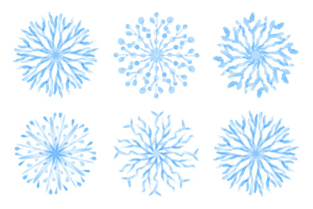 Collection of artistic blue snowflakes with watercolor texture. Stock vector set. Can be used for printed materials, prints, posters, cards. Abstract background. Hand drawn decorative elements.のイラスト素材