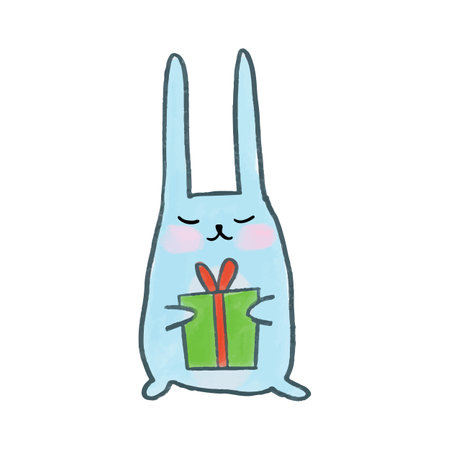 Vector Cute watercolor hand drawn Christmas blue rabbit with a gift. Rabbit with New Years decors.のイラスト素材