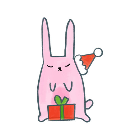 Vector Cute watercolor hand drawn christmas pink rabbit wearing a red party hat. Bunny with New Years decorations.のイラスト素材