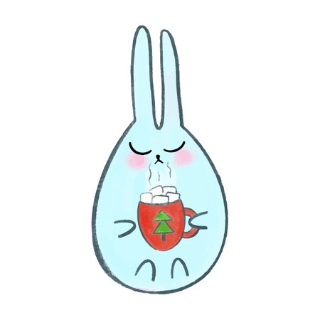 Vector Cute watercolor hand drawn christmas blue bunny with a cup of cocoa. Rabbit with New Years decors.のイラスト素材