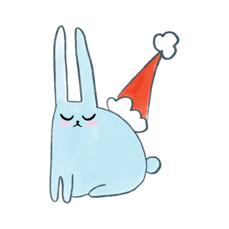 Cute watercolor hand drawn Christmas blue bunny wearing a party hat. Rabbit with New Years decors.のイラスト素材