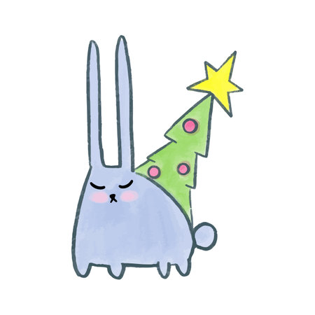 Vector Cute watercolor hand drawn christmas blue rabbit with fir tree. Rabbit with New Years decors.のイラスト素材
