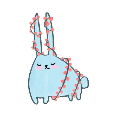 Vector Cute watercolor hand drawn christmas blue Rabbit wrapped in garland. Hare with New Years decors.のイラスト素材