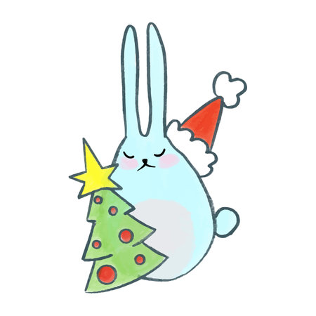 Vector Cute watercolor hand drawn Christmas blue bunny wearing a party hat and holding a Christmas tree. Rabbit with New Years decors.のイラスト素材