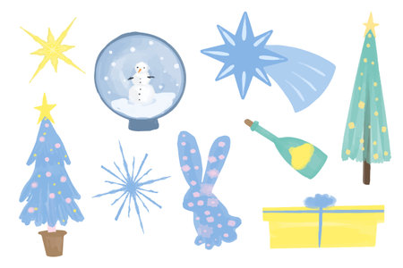 Watercolor Christmas object collection with christmas tree,ball,reindeer.Vector illustration for icon, sticker, printable.のイラスト素材