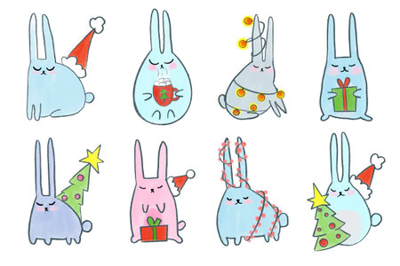 Vector Set with cute watercolor bunnies for christmas and new year. Winter rabbits in festive decorations.のイラスト素材