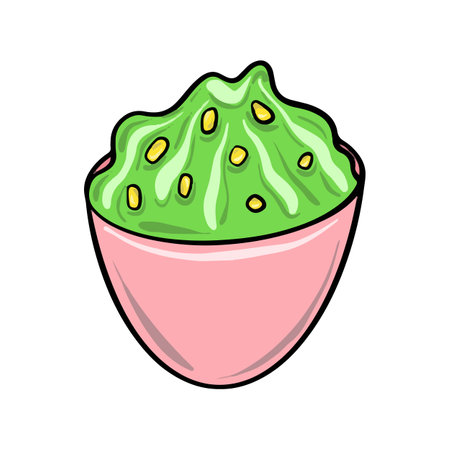 Vector Guacamole in a pink bowl. Mexican fast food. Sauce illustration in cartoon flat style.のイラスト素材
