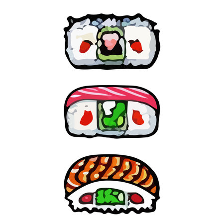 Vector Sushi - asian food with fish, rice, seaweed, caviar.のイラスト素材
